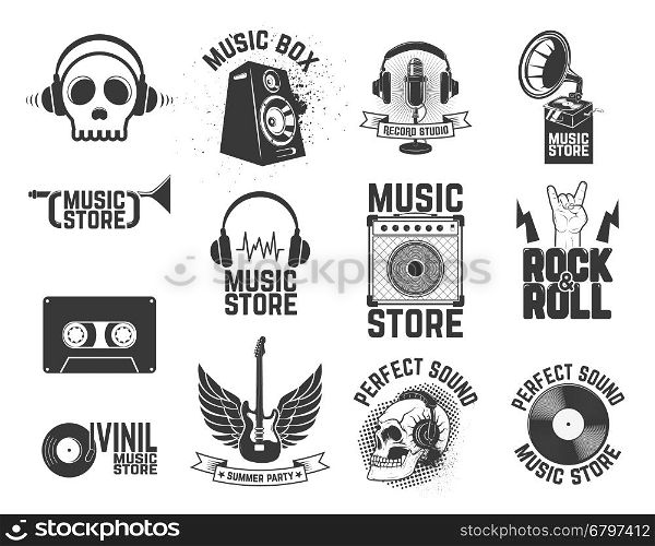 Set of music store labels. Design elements for logo, label, emblem, sign, badge. Vector illustration
