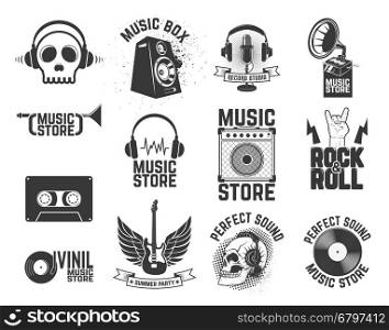 Set of music store labels. Design elements for logo, label, emblem, sign, badge. Vector illustration