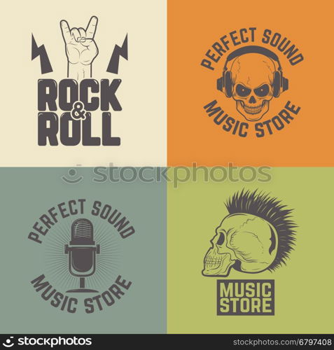 Set of music store labels isolated on colorful background