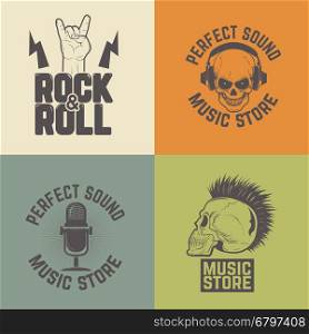 Set of music store labels isolated on colorful background