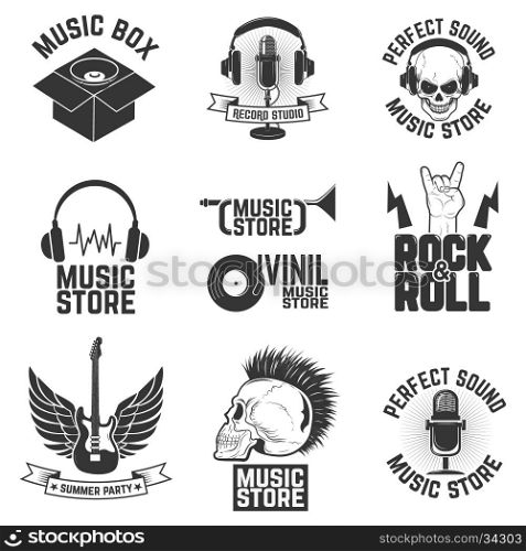 Set of music store labels. Record studio. Summer party. Design element for poster, flyer, emblem, logo, sign. Vector design elements.