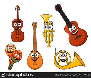 Set of musical instruments with smiling happy faces including a violin, banjo, rattles, horn guitar and brass trumpet