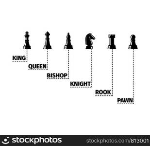 Set of named chess piece black isolated icons vector infographic. Set of named chess pieces