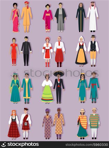 Set of national costumes design. Arabs, russians or ukrainians, spaniards and japanese, indians nation, native culture, cloth person, tradition asia country illustration