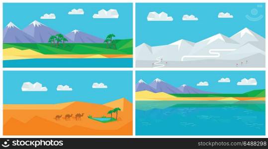 Set of Natural Landscapes in Flat. Set of natural landscapes with sea, mountains, sky, clouds, sandy beach, desert, glacier, snow. Natural landscape in flat. Mountains landscape, abstract blue panoramic view Nature background