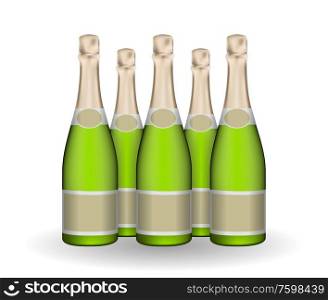 Set of naturalistic champagne green bottle with labels. Vector illustration. EPS10. Set of naturalistic champagne green bottle with labels. Vector illustration