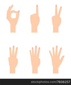 Set of Naturalistic Hand Silhouettes that show the numbers 0, 1, 2, 3, 4, 5 with flexion of the fingers. Vector Illustraion. EPS10. Set of Naturalistic Hand Silhouettes that show the numbers 0, 1, 2, 3, 4, 5 with flexion of the fingers. Vector Illustraion