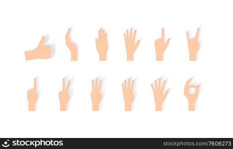 Set of Naturalistic Hand Silhouettes that show the numbers 0, 1, 2, 3, 4, 5 with flexion of the fingers. Vector Illustraion. EPS10. Set of Naturalistic Hand Silhouettes that show the numbers 0, 1, 2, 3, 4, 5 with flexion of the fingers. Vector Illustraion