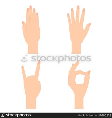 Set of Naturalistic Silhouettes of hands that show OK, stop, cool, open hand with flexion of the fingers. Vector Illustration. EPS10. Set of Naturalistic Silhouettes of hands that show OK, stop, cool, open hand with flexion of the fingers. Vector Illustration