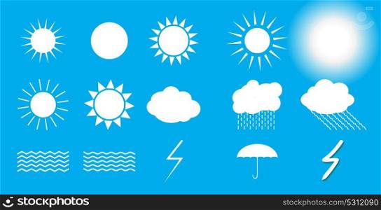 Set of nature symbols: Sun, Clouds, Thunderstorm and Umbrella. Vector Illustration EPS10. Set of symbols: Sun, Clouds, Thunderstorm, Umbrella. Vector Illu