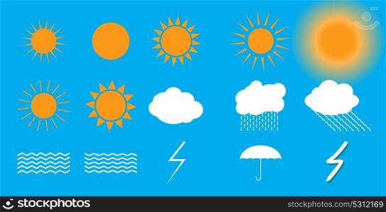 Set of nature symbols: Sun, Clouds, Thunderstorm and Umbrella. Vector Illustration EPS10. Set of symbols: Sun, Clouds, Thunderstorm, Umbrella. Vector Illu