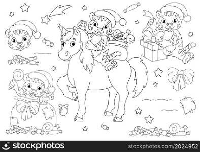 Set of naughty Christmas tiger cubs. Coloring book page for kids. Cartoon style character. Vector illustration isolated on white background.