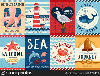 Set of nautical colorful banners and posters with sea wildlife for restaurants and journeys isolated vector illustration. Nautical Banners And Posters Set