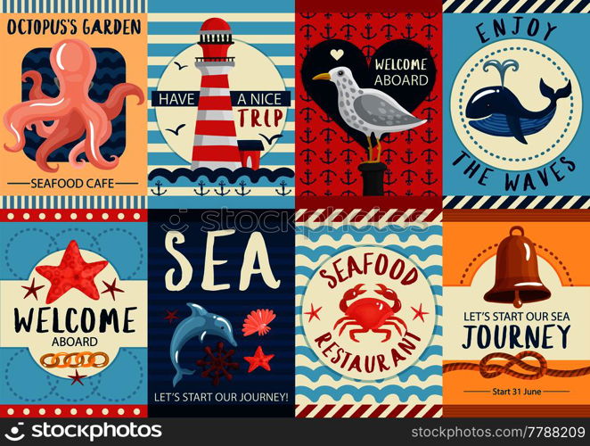 Set of nautical colorful banners and posters with sea wildlife for restaurants and journeys isolated vector illustration. Nautical Banners And Posters Set