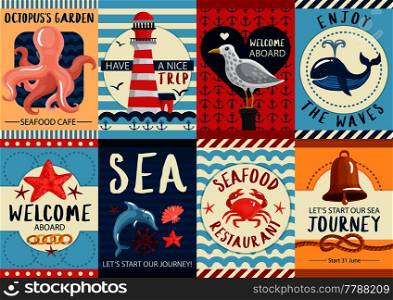 Set of nautical colorful banners and posters with sea wildlife for restaurants and journeys isolated vector illustration. Nautical Banners And Posters Set
