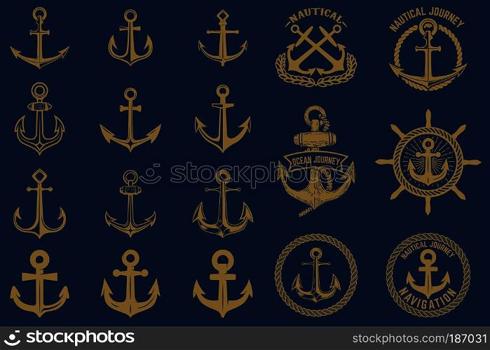 Set of nautical emblems and design elements in vintage style. Anchors labels set on blue background.