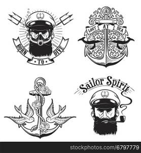 Set of nautical emblems. Diving emblems. Old captain with a pipe. Design elements for poster, t-shirt. Vector illustration.