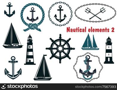 Set of nautical heraldry themed design elements with assorted anchors, crossed tridents, sailboat, yacht, two lighthouses, ships wheel, schooner, rope and chain frames. Set of vector Nautical themed elements