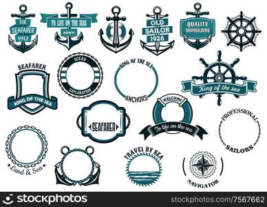 Set of nautical or marine themed icons and frames including ships anchors and wheels and circular rope frames and shields
