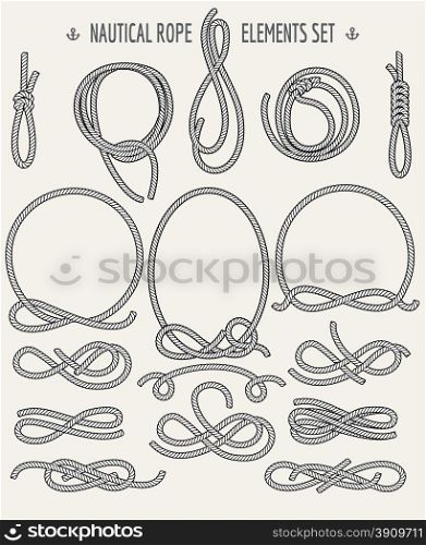 Set of Nautical Rope Design elements. Retro style. Knots and Loops. Only free font Economica used. Isolated on light background.