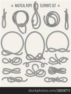 Set of Nautical Rope Design elements. Retro style. Knots and Loops. Only free font Economica used. Isolated on light background.