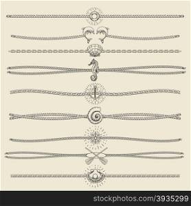 Set of nautical ropes and chains decor elements in hipster style. Hand drawn dividers and borderswith dolphins seashells seahorse pearl oars etc. Only free font used.