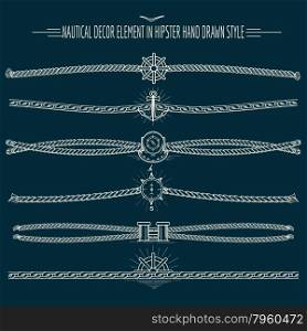 Set of nautical ropes and chains decor elements in hipster style. Hand drawn dividers and borders. Only free font used.