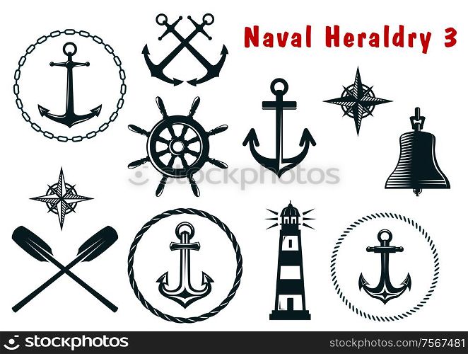 Set of naval heraldry icons with assorted marine anchors crossed oars ship wheel compass lighthouse and bell