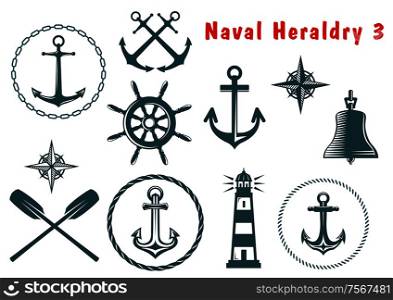 Set of naval heraldry icons with assorted marine anchors crossed oars ship wheel compass lighthouse and bell