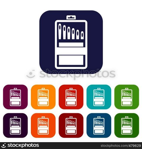 Set of needles icons set vector illustration in flat style in colors red, blue, green, and other. Set of needles icons set