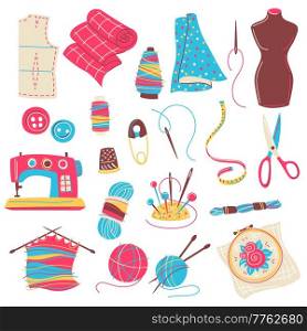 Set of needlework sewing items. Handicraft and hand made. Feminine creativity hobby and shopping facilities.. Set of needlework sewing items. Handicraft and hand made. Feminine creativity hobby and shopping.