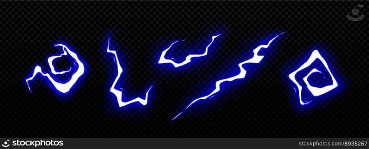 Set of neon blue lightning strike effects isolated on dark transparent background. Vector cartoon illustration of abstract magic energy ray, power strike, thunderbolt discharge. Game design elements. Set of neon blue lightning strike effects