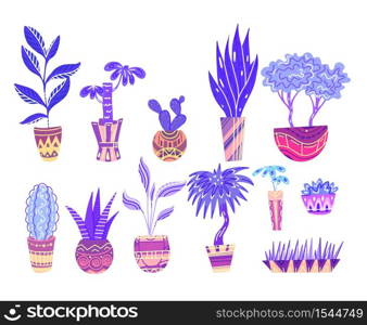 Set of neon cartoon home flowers in pots with decorations. Objects separate from the background. Vector element for stickers, buttons, cards and your creativity. Set of neon cartoon home flowers in pots with decorations. Objects separate from the background.