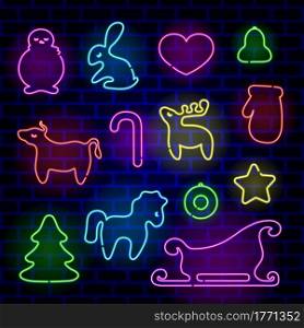 Set of neon Christmas decoration. Decorative Christmas toy bright signboard, light banner. Vector illustration.