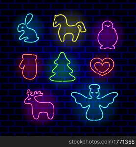 Set of neon Christmas decoration. Decorative Christmas toy bright signboard, light banner. Vector illustration.