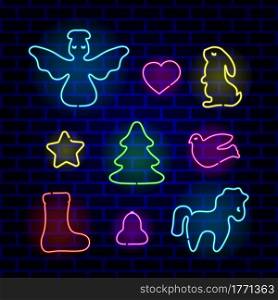 Set of neon Christmas decoration. Decorative Christmas toy bright signboard, light banner. Vector illustration.