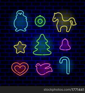 Set of neon Christmas decoration. Decorative Christmas toy bright signboard, light banner. Vector illustration.