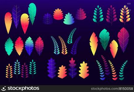 Set of neon gradient color leaves isolated on white background. Trendy flat design nature plant and tropical foliage.