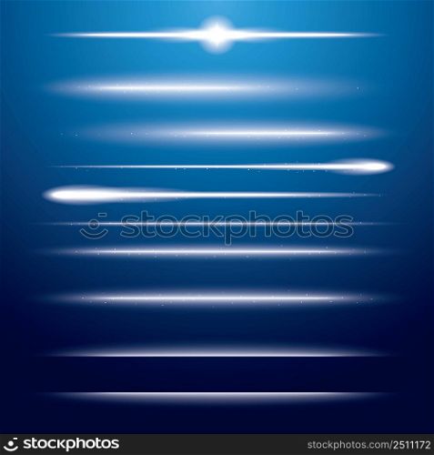 Set of Neon Lens Flares on Blue Background. Vector Illustration.