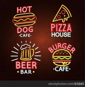 Set of Neon signs.. Set of Neon signs of beer bar, hot dog cafe, pizza house, burger cafe bright signboard, light banner. Neons Logos, emblems and symbols. Vector illustration.