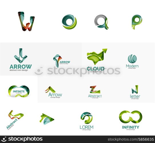 Set of new universal company logo ideas, geometric business icon collection - alphabet letters, swirl waves and other shapes