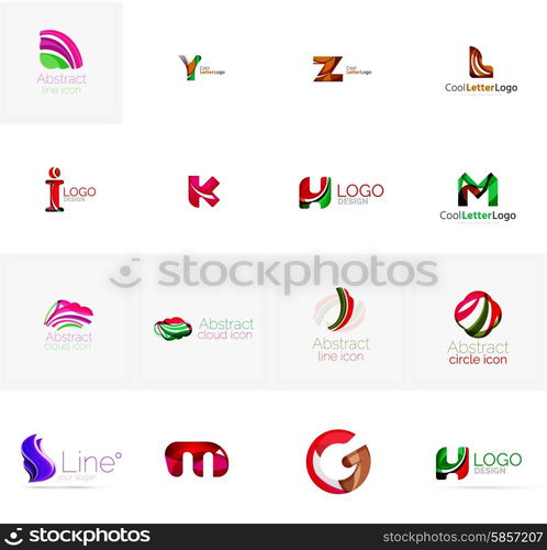 Set of new universal company logo ideas, geometric business icon collection - alphabet letters, swirl waves and other shapes