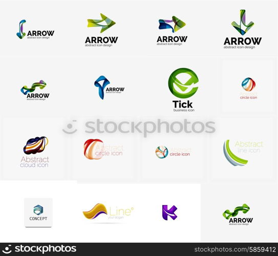 Set of new universal company logo ideas, geometric business icon collection - alphabet letters, swirl waves and other shapes