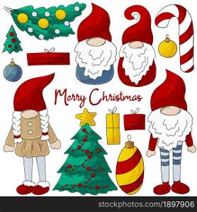 Set of New Year elements in handdrawn style. Gnomes in Santa Claus hats, Christmas tree, decorations, candy cane. Set of vector illustrations for your design. Sign. Christmas illustration with gnomes