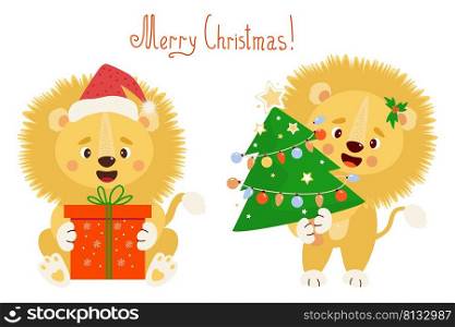 Set of New Years lions. Cute lion cub in Santa hat with big gift and with Christmas tree with balls and garlands. Vector illustration. For greeting cards, prints, decor and new year kids collection