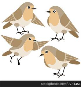 Set of Nightingale. Four Bird. Wild animal. Winged songbird. Cartoon flat illustration. Set of Nightingale. Four Bird.