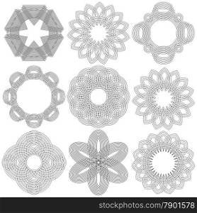 Set of nine abstract vector ornamental black circular stencils on a white background. Set of nine black circular stencils