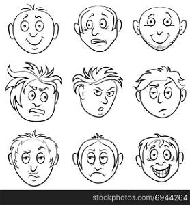 Set of nine amusing male grimaces, sketching cartoon vector outlines isolated on the white background