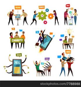 Set of nine cartoon crowdfunding scenes with people concluding deal looking for sponsor busying with charity work flat isolated vector illustration . Set of Nine Crowdfunding Scenes
