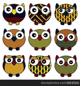 Set of nine cartoon cute and funny oval owls with various isolated on the white background, vector outlines as icons